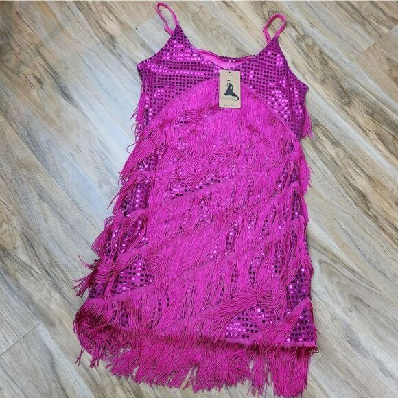 🩵NWT Hot Pink Layered Fringe Costume Dress Size 4-8 - Picture 3 of 12